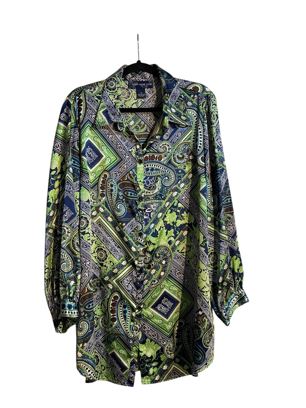 Susan Graver Women 1X GreenBlue Paisley Long Sleeve Button Up Tunic Blouse
